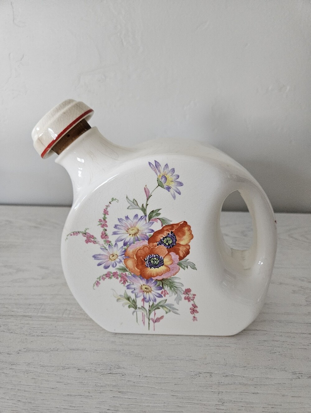 Vintage 30s-40s Universal Cambridge Flat Disc Pitcher w Cap Zinnia Flowers MCM